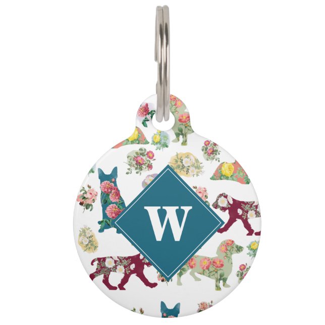 Honden Patroon en  Waterverf bloemen monogram Huisdierpenning (Voorkant)