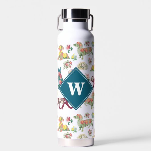 Honden Patroon &  Flowers Monogram Waterfles (Voorkant)