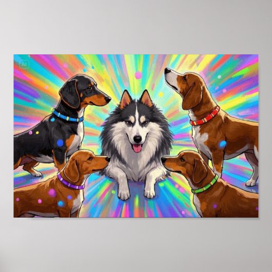 Honden Puppies met regenboog achtergrond Poster (Voorkant)