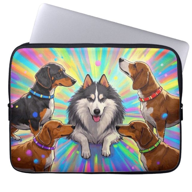 Honden Puppies met regenboogachtergrond Laptop Sleeve (Voorkant)