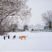 Honden spelen in het sneeuwscène-landschap latte mok