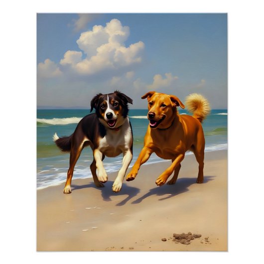 Honden spelen op het strand perfect poster (Voorkant)
