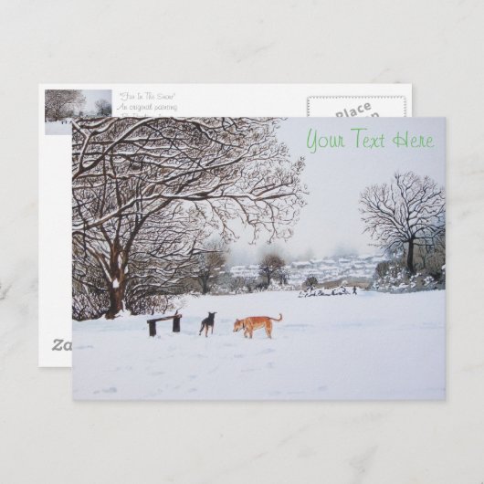 Honden spelen sneeuwscène landschap met Kerstmis Briefkaart (Voorkant / Achterkant)