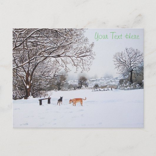Honden spelen sneeuwscène landschap met Kerstmis Briefkaart (Voorkant)