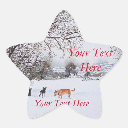 Honden spelen Sneeuwscène Originele Landschapskuns Ster Sticker (Voorkant)