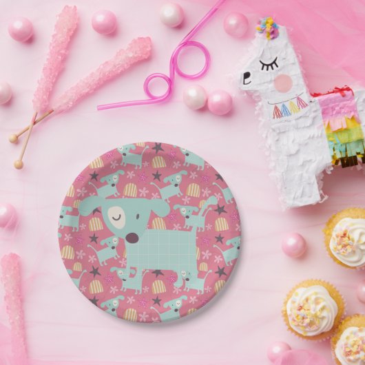 Honden, sterren en bloemen papieren bordje (Feest)