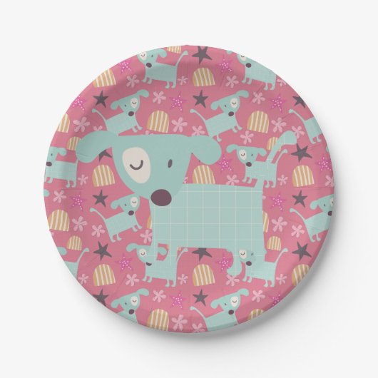 Honden, sterren en bloemen papieren bordje (Voorkant)