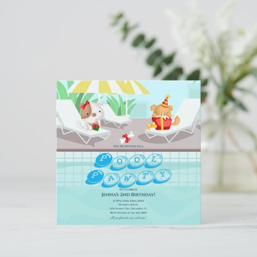 Honden Teal Pool Party Verjaardagsuitnodiging Kaart (Staand voorkant)