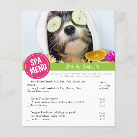 Honden verzorgen Spa Diensten Menu (Voorkant)