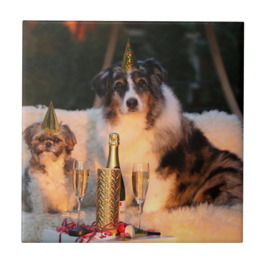 Honden vieren nieuwjaar tegeltje (Voorkant)