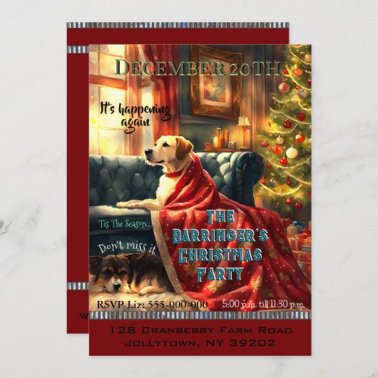 Honden wachten op 4 dat jaarlijkse kerstfeest kaart (Voorkant / Achterkant)