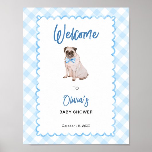 Hondenblauw geruit babyshower welkomstbord poster (Voorkant)