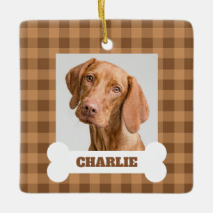 Hondenfoto Bruine Gingham Geruite Huisdierenaam op Keramisch Ornament