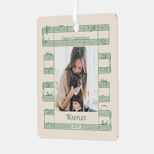 Hondenfoto Eerste Kerstwoof Woof Bladmuziek Metalen Ornament (Voorkant links)