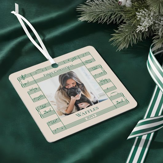 Hondenfoto Eerste Kerstwoof Woof Bladmuziek Metalen Ornament