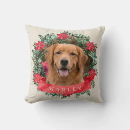 Hondenfoto en naam Poinsettia Krans Kerstmis Plaid Kussen