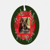 Hondenfoto, gepersonaliseerd, eerste kerst metalen ornament (Voorkant links)