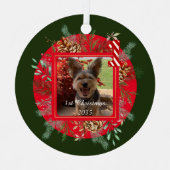 Hondenfoto, gepersonaliseerd, eerste kerst metalen ornament (Voorkant)