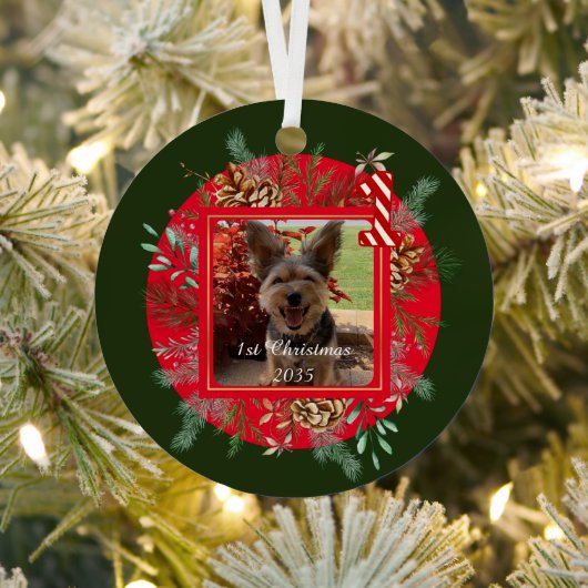 Hondenfoto, gepersonaliseerd, eerste kerst metalen ornament (Insitu)
