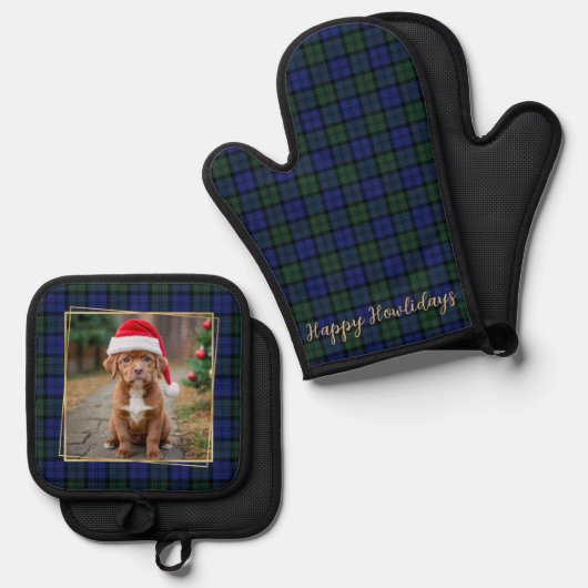 Hondenfoto gepersonaliseerde moderne rustieke vaka ovenwant & pannenlap set (Voorkant / Achterkant)