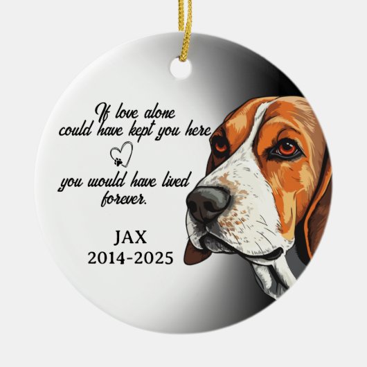 Hondenfoto-ornament, hondenherdenking, beagle. keramisch ornament (Voorkant)
