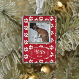 Hondenfoto Pootafdrukken Patroon Rode Gelijste Orn Verzilverd Omlijst Ornament