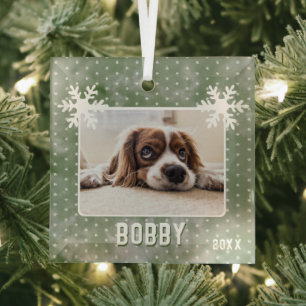 Hondenfoto Sneeuwvlokken Groen Huisdier Naam Kerst Glas Ornament