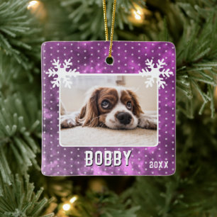 Hondenfoto Sneeuwvlokken Paars Huisdier Naam Kerst Keramisch Ornament