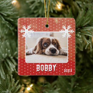 Hondenfoto Sneeuwvlokken Rood Huisdier Naam Kerstm Keramisch Ornament