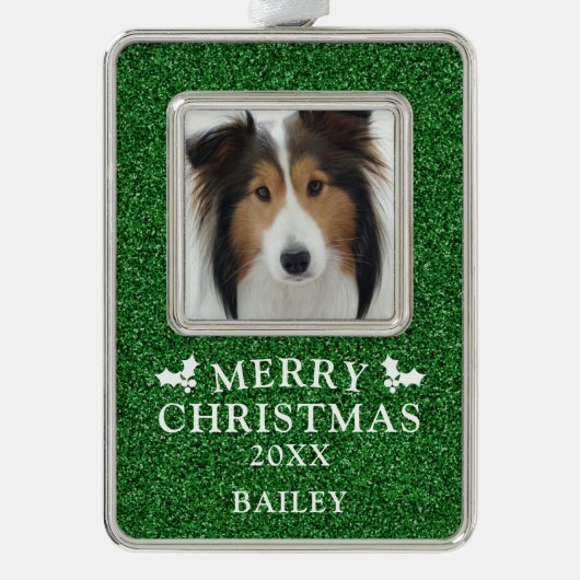 Hondenfoto Vrolijk kerstfeest gepersonaliseerd Verzilverd Omlijst Ornament (Voorkant)