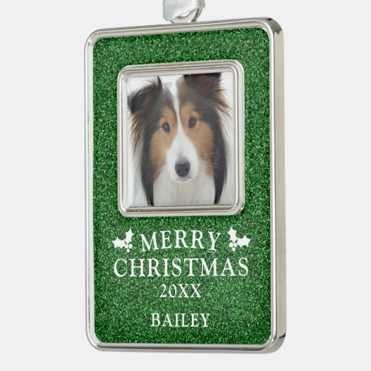 Hondenfoto Vrolijk kerstfeest gepersonaliseerd Verzilverd Omlijst Ornament (Links)