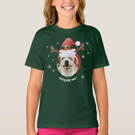 Hondenfoto w / Santa rendier Antler Pet Kerst T-shirt (Voorkant)