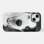 Hondenfoto zwart-wit iPhone 15 case (Achterkant horizontaal)