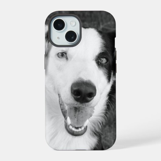 Hondenfoto zwart-wit iPhone 15 case (Achterkant)