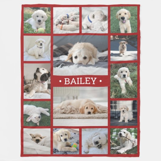 Hondenfotocollage Schattige Modern Rood en Wit Fleece Deken (Voorkant)