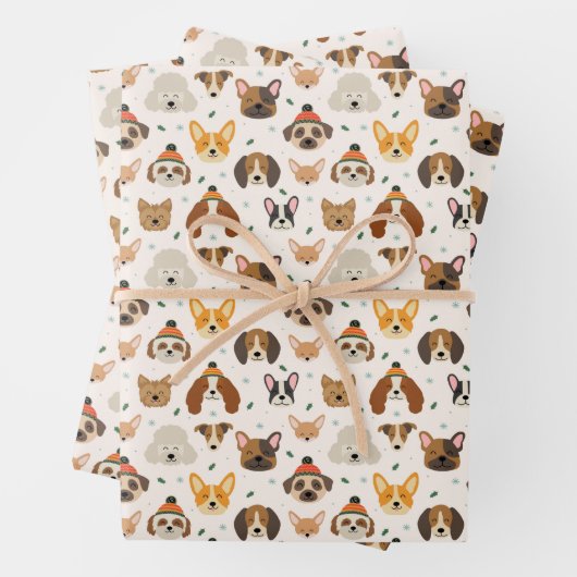 Hondengezichten in Winter Petten Vakantiepatroon Inpakpapier Vel (In situ)