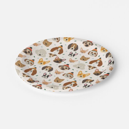 Hondengezichten in Winter Petten Vakantiepatroon Papieren Bordje (Gekanteld)