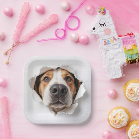 Hondenhond gluren door gescheurd papiergat papieren bordje (Feest)