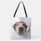 Hondenhond gluren door gescheurd papiergat tote bag (Voorkant)