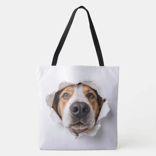 Hondenhond gluren door gescheurd papiergat tote bag (Voorkant)