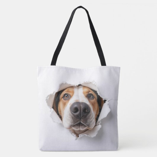 Hondenhond gluren door gescheurd papiergat tote bag (Achterkant)