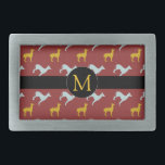 Hondenjaar Zodiac Verjaardag Monogram Belt Buckle Gesp<br><div class="desc">riemgesp met blauw en geel hondenpatroon op donkerrode achtergrond   zwart rond label voor Monogram vooraan. U kunt eenvoudig monogram wijzigen en tekst (lettertype,  kleur,  grootte en positie) toevoegen door op de knop Aanpassen te klikken. Perfect voor Chinees Nieuwjaar van de Hond of verjaardag (mensen geboren in Hondenjaar).</div>