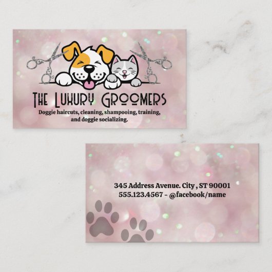 Hondenkat lachend | Schaar | Bokeh Visitekaartje (Voorkant / Achterkant)