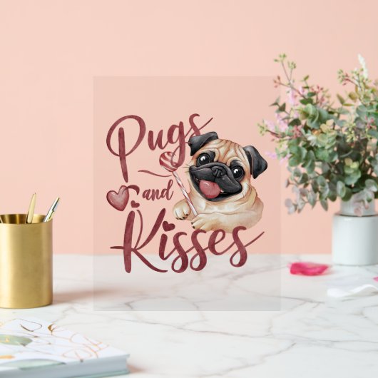 hondenkus .Pugs & Kisses Waterverf T-shirt Acryl Bord (Huwelijk)