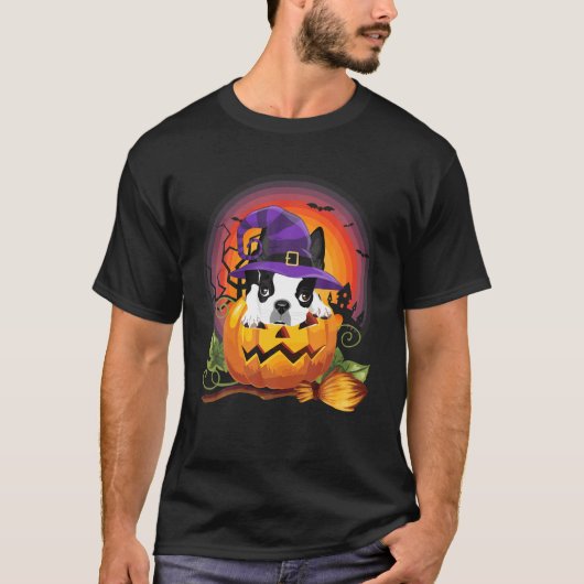 Hondenliefhebber Boston Terrier Witch Pumpkin Hall T-shirt (Voorkant)