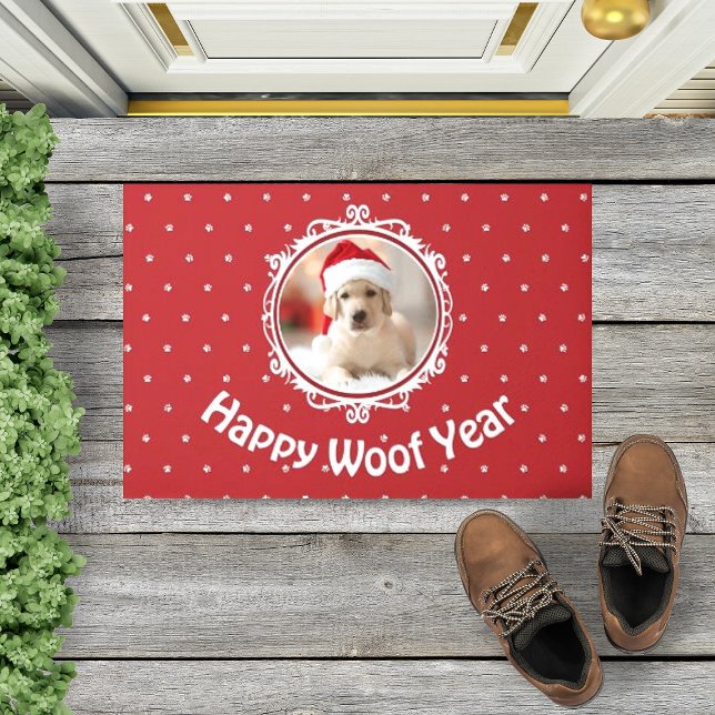 Hondenliefhebber 'Happy Woof Year' kerstvakantie Deurmat (Creator heeft geüpload)