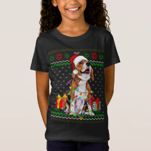 Hondenliefhebber met een lomp met kerstverlichting t-shirt