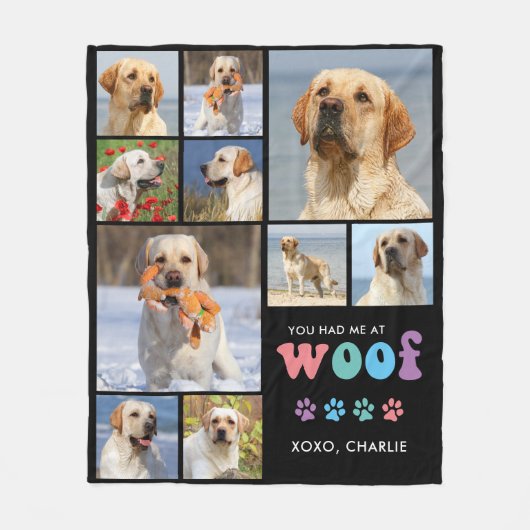 Hondenliefhebber Retro WOOF Custom Pet 11 Foto's C Fleece Deken (Voorkant)