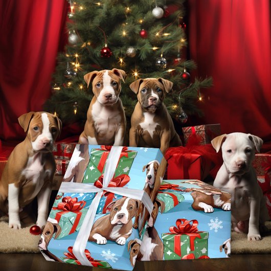 Hondenliefhebbers Kerst Cartoon PitBull Pups Cadeaupapier