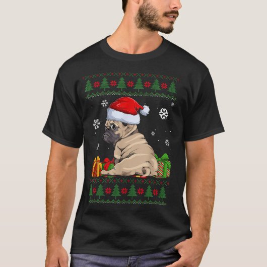 Hondenliefhebbers Pug Santa Hat Lelijke Kersttrui T-shirt (Voorkant)